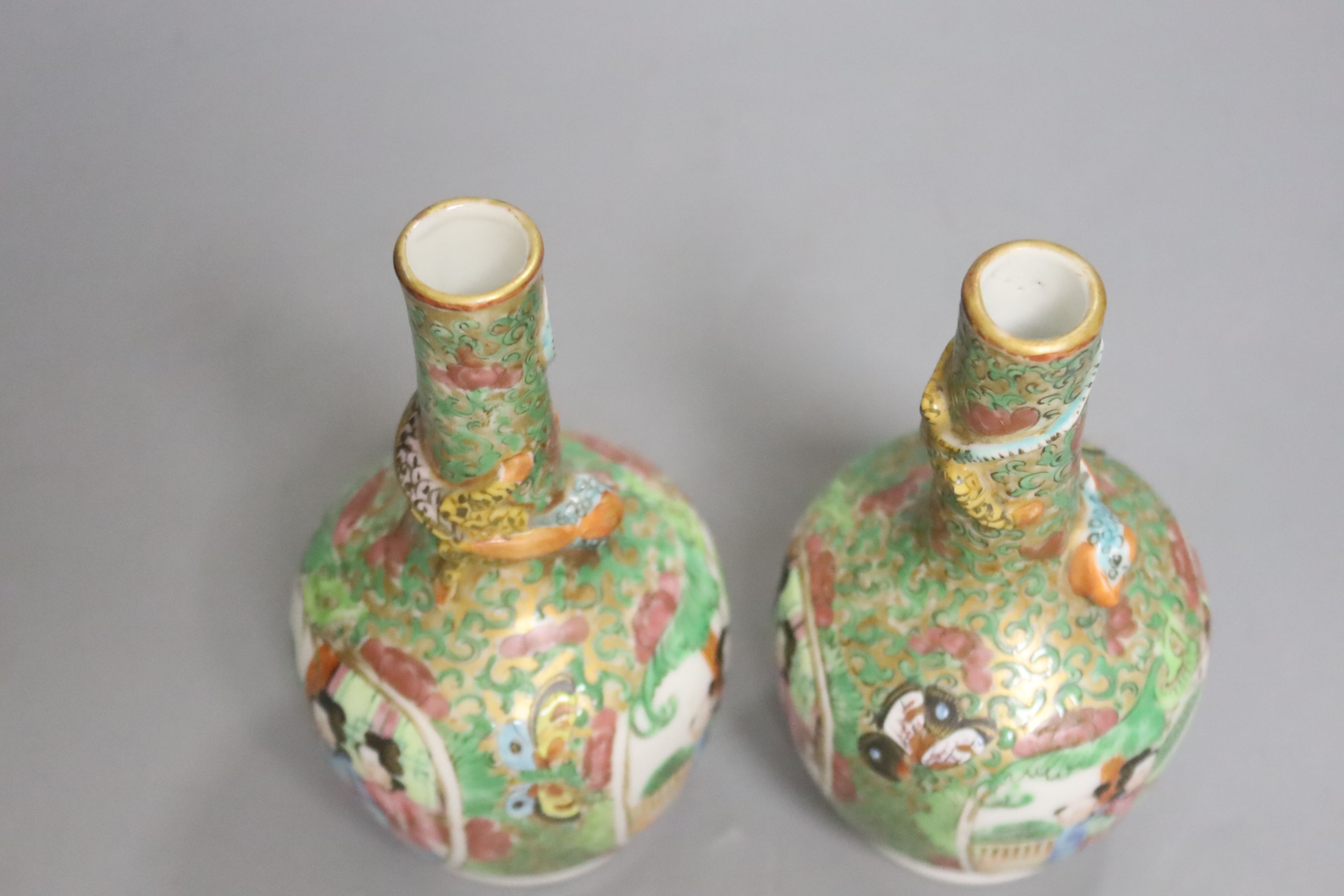 A pair of 19th century Canton bottle vases, height 14cm